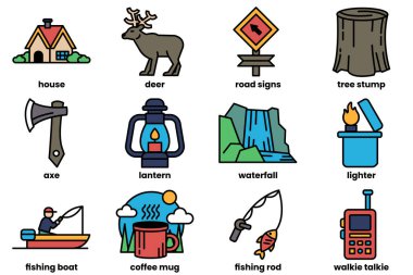 Sıraya dizilmiş balıkçılık ve kamp ikonları.