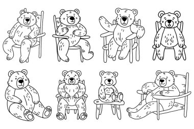 Altı tane oyuncak ayı sandalyede oturuyor. Sandalyeler farklı boyutlarda ve stilde. Ayıların hepsi gülümsüyor ve eğleniyor gibi görünüyorlar. Sahne neşeli ve neşeli.