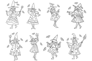 Cadılar ve büyücülerin altı adet siyah beyaz çizimi. Çizimler kostüm giymiş ve dans eden çocukların çizimleri. Sahne eğlenceli ve kaprisli.