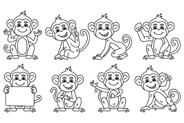 Dokuz çizgi film maymunu çeşitli pozlarda oturuyor, biri tabela tutuyor. Maymunların hepsi gülümsüyor ve iyi vakit geçiriyor gibi görünüyorlar.