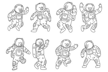 Uzay kıyafetleri içinde altı oyuncak ayı çeşitli pozlarda gösteriliyor. Ayıların hepsi uzay giysileri giyiyor ve astronot gibi görünüyorlar. Macera ve keşif kavramı