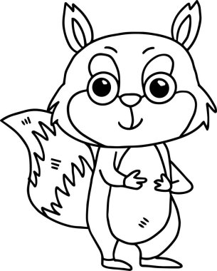 Yüzünde kocaman bir gülümseme olan sevimli bir çizgi film sincabı. Sincap pençelerini göğsüne doğru tutuyor ve kameraya bakıyor.