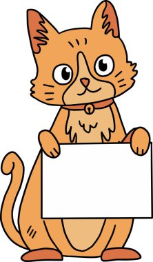 Bir kedi boş bir kağıt parçası tutuyor. Kedi gülümsüyor ve kameraya bakıyor. Oyunculuk ve merak kavramı