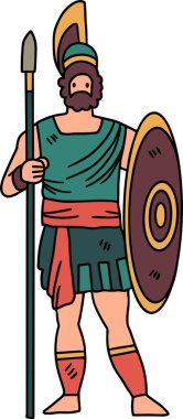 Romalı kostümlü bir adam. Bir kalkanın önünde duruyor.