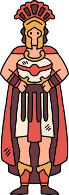 Romalı kostümlü bir adam. Bir kalkanın önünde duruyor.