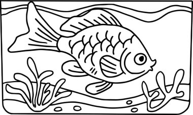 Bir balık, içinde bitki ve kayalar olan bir akvaryumda yüzüyor. Balık siyah ve beyazdır.