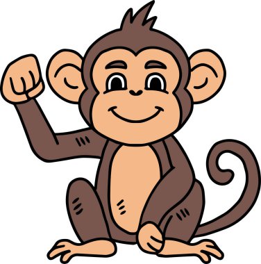 Tatlı bir çizgi film maymunu yerde oturuyor ve el sallıyor. Maymunun yüzünde kocaman bir gülümseme var ve mutlu ve dost canlısı görünüyor.