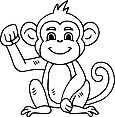 Tatlı bir maymun yerde oturuyor ve el sallıyor. Maymunun yüzünde mutlu bir ifade var.