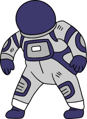 Bir çizgi film astronotu kollarını açmış havaya zıplıyor. Astronot sırt çantası takıyor ve sırtında sırt çantası var.