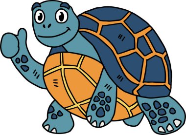 Bir kaplumbağa sağ elini kaldırıyor ve baş parmağını kaldırıyor. Kaplumbağa gülümsüyor ve mutlu.