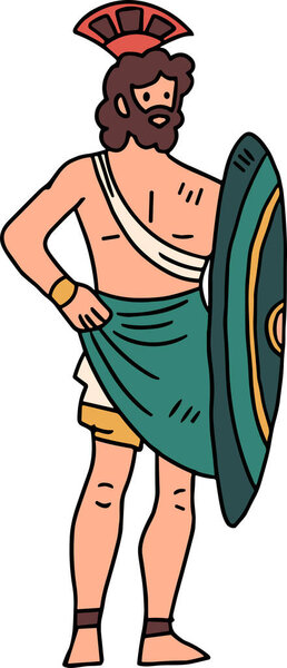 A man in a Roman costume. He is standing in front of a shield