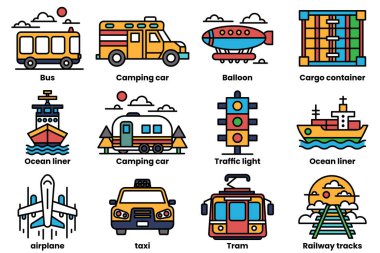 Görüntü, uçaklar, otobüsler, trenler ve tekneler de dahil olmak üzere çeşitli ulaşım simgelerinin bir koleksiyonudur.