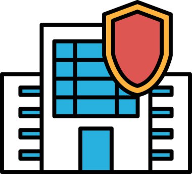 Tepesinde kalkan olan bir bina. Kalkan siyah beyaz. Bina yüksek ve birçok penceresi var.