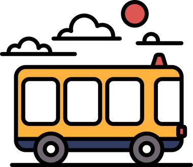 Siyah ve beyaz bir otobüs yolda ilerliyor. Gökyüzü bulutlu ve güneş parlıyor