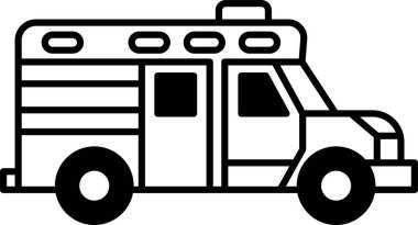 Çatısı olan siyah beyaz bir ambulans. Araç beyaz arka planda park halinde.