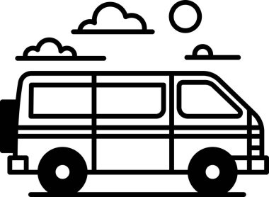 Arkasında güneş olan bir minibüsün siyah beyaz çizimi. Minibüs bir yola park edilmiş ve üstü açık.