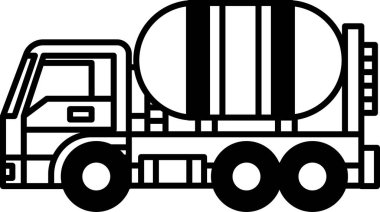 Bir çimento kamyonunun siyah beyaz çizimi. Kamyon düz bir yüzeye park edilmiş. Kamyon büyük ve uzun bir tekerlek mesafesi var.