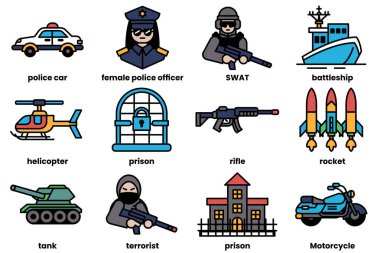Polis memurları, askerler ve araçlardan oluşan siyah beyaz bir koleksiyon. İkonlar arasında bir polis arabası, bir helikopter, bir tank, bir hapishane, bir motosiklet ve bir roket yer alıyor.