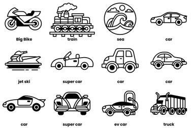 İçinde jet ski, tren, tekne ve kamyonun da bulunduğu bir araba ve araç ikonu koleksiyonu.