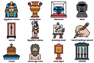 Yunan heykelleri, bir müze ve bir dinozor da dahil olmak üzere çeşitli heykeller ve binalar. Sahne, farklı heykel stilleriyle tarih ve kültürlerden biridir.