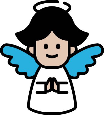 Kanatları olan gülümseyen bir meleğin siyah beyaz çizimi. Melek ellerini bir dua pozisyonunda tutuyor.