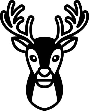 Boynuzlu bir geyik kafası siyah beyaz gösterilir. Geyik gülümseyerek kameraya bakıyor.