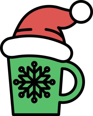 Üstünde kar taneleri ve Noel Baba şapkası olan siyah beyaz bir fincan resmi.