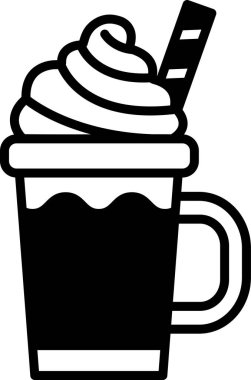 Krem şantili ve pipetli bir fincan kahvenin siyah beyaz çizimi. Sıcaklık ve konfor kavramı, krem şanti ve saman soğuk bir günde keyif almak için sıcak bir içecek önerir.