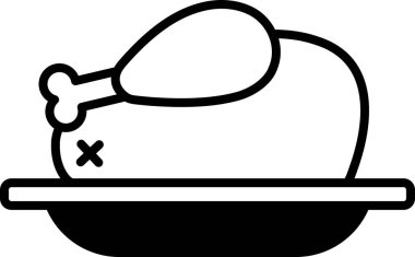 Tabakta bir tavuğun siyah beyaz çizimi. Tavuk kafasını ve kanatlarını kaybetmiş, tabak da boş.