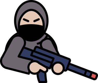 Maskeli bir adam silah tutuyor. Adam kızgın ve ateş etmeye hazır. Tehlike ve saldırganlık kavramı