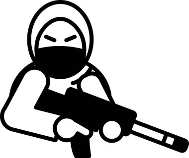 Maskeli bir adam silah tutuyor. Adam kızgın ve ateş etmeye hazır. Tehlike ve saldırganlık kavramı