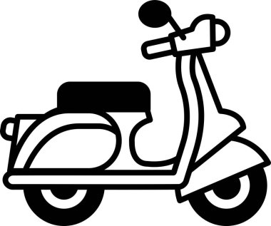 Bir scooter 'ın siyah beyaz çizimi. Scooter park halinde ve koltuğu var.