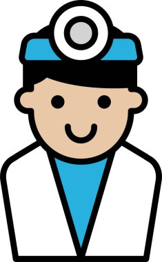 Beyaz laboratuvar önlüklü, steteskoplu gülümseyen bir adamın karikatürü. Sıcaklık ve dostluk kavramı, adam gülümsüyor ve mutlu.