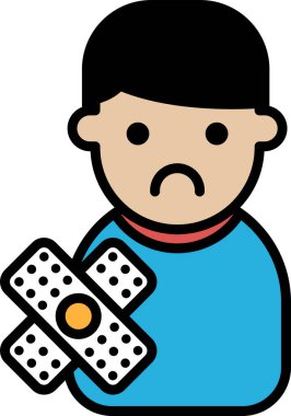 Bir çocuk elinde bir bandaj tutuyor. Üzgün görünüyor. Yaralanan ya da acı çeken birinin düşüncesi