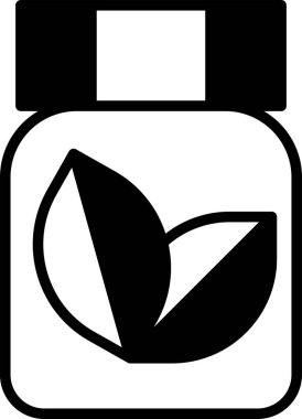 Üzerinde yaprak olan bir kavanoz bitkisel ilaç. Kavanoz mavi ve kırmızı etiketli.