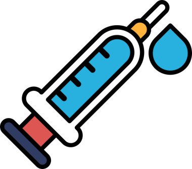 Şırınganın içinde mavi bir sıvı bulunan mavi ve beyaz bir çizim.