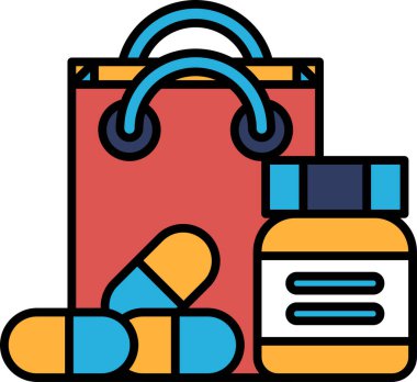 İçinde mavi ve sarı hap şişesi olan kırmızı bir çanta. İlaç şişesi bir sürü hapın yanında.