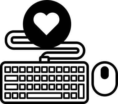 Ortasında kalp sembolü olan bir klavye ve fare gösterilir. Kalp sembolü kırmızı ve turuncudur ve beyaz bir arka planla çevrilidir. Sıcaklık ve şefkat kavramı
