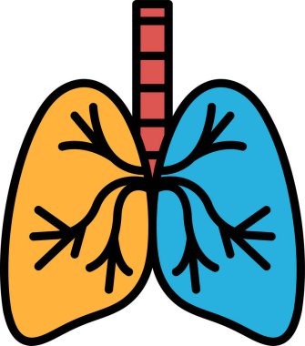 Turuncu ve mavi bölümlü bir insan akciğeri karikatürü. Çizim renkli ve eğlenceli, akciğerlere ve dallanma yapısına odaklı.