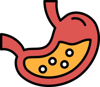 Kırmızı ve turuncu renkli bir mide karikatürü. Midesi yiyecekle dolu ve sarımsı bir rengi var.