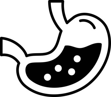 Siyah-beyaz renkli bir mide karikatürü. Midesi yiyecekle dolu ve sarımsı bir rengi var.