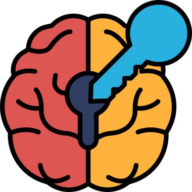 İçinde anahtar deliği olan bir beyin. Anahtar deliği mavi, beyin kırmızı ve sarı.