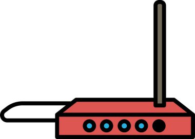 Siyah antenli kırmızı bir cihaz. Yönlendirici bir duvara takılı.