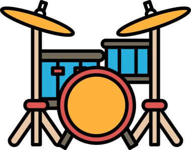 Sarı davul başlıklı bir bateri seti çizimi. Davul seti mavi ve kırmızı renk şeması ile gösterilir