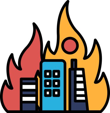 Şehrin ufuk çizgisinin önünde bir ateş yanıyor. Ateş turuncu ve kırmızıdır ve çok büyüktür. Arka plandaki binalar yüksek ve alevler tarafından yutuluyor.