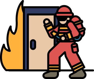 Yanan bir kapının önünde bir itfaiyeci duruyor. Adam kırmızı bir takım elbise giyiyor ve bir sırt çantası taşıyor. Sahne yoğun ve dramatik, yangınla birlikte