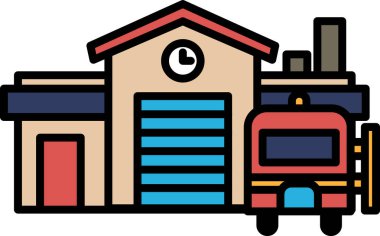 Kırmızı bir itfaiye aracı binanın önüne park etmiş, yanında da bir saat var.