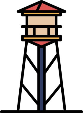 Kırmızı çatılı uzun bir kule. Kule metalden yapılmıştır ve ahşap bir platformu vardır.