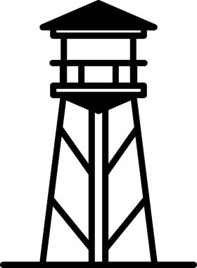 Siyah ve beyaz çatılı uzun bir kule. Kule metalden yapılmıştır ve ahşap bir platformu vardır.