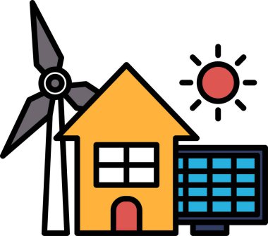 Yel değirmeni olan ve arkasında güneş olan bir ev.